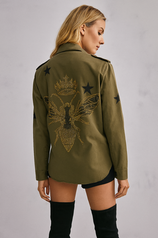 Shacket, Army Green NOT Cropped, Gold Queen Bee