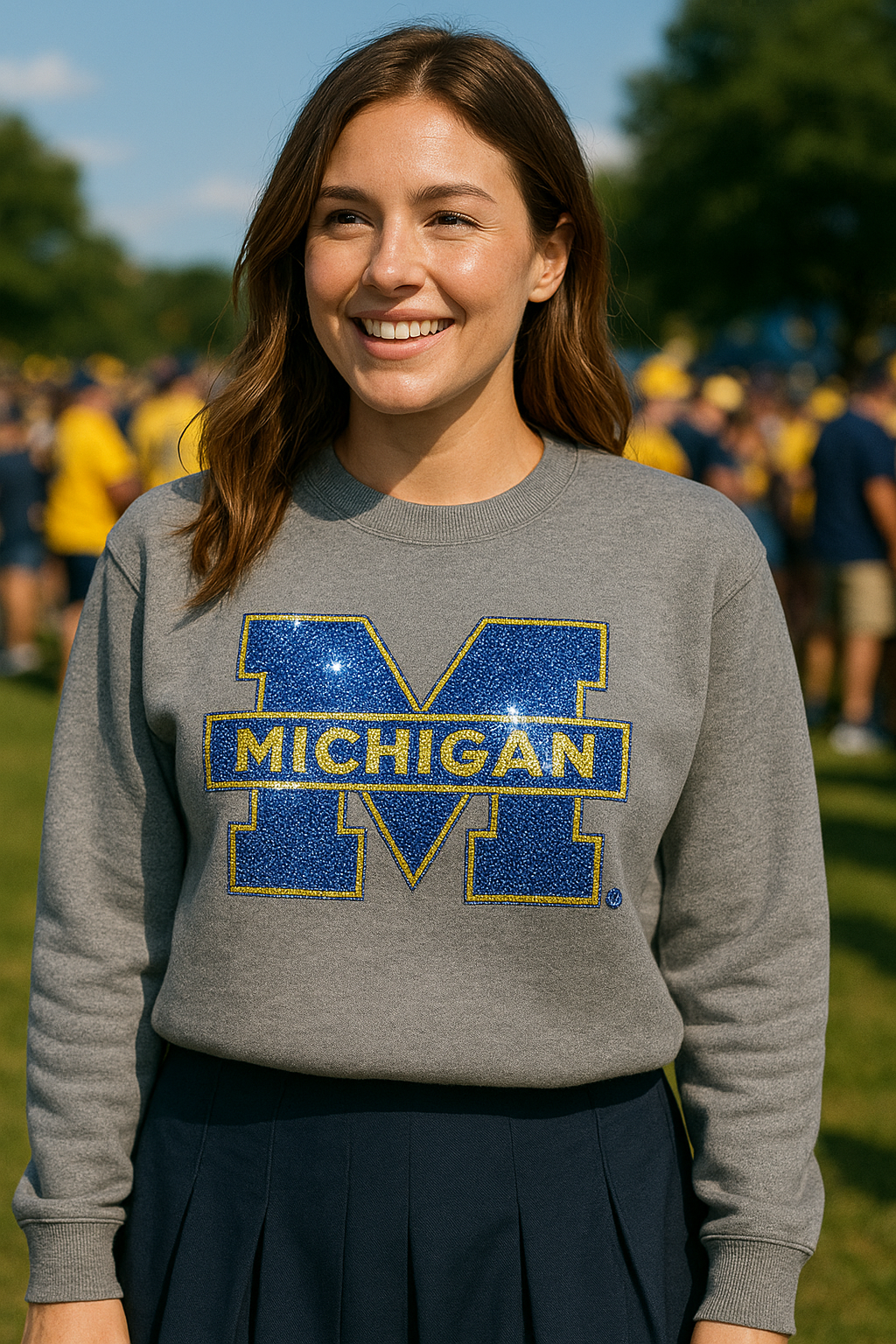 Licensed Game Day Sweatshirt, Crewneck Grey, University of Michigan Block M
