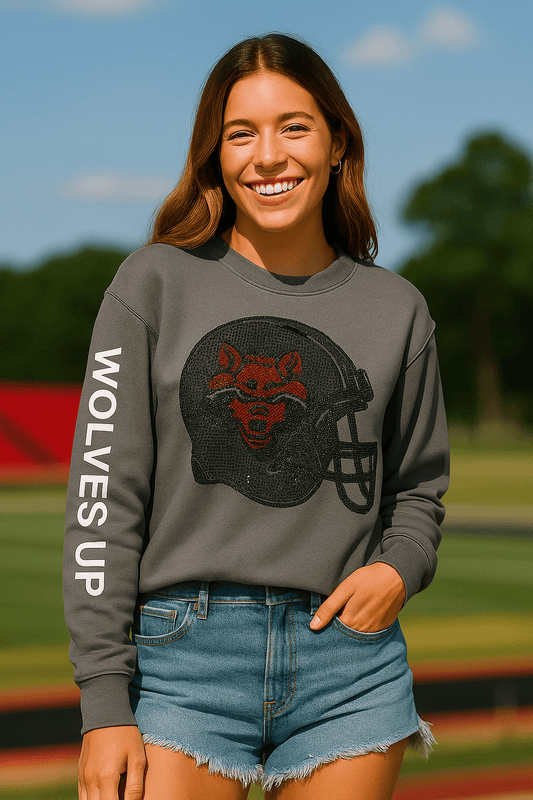 Licensed Game Day Sweatshirt, Crewneck Gray, Arkansas State Wolves Up Helmet