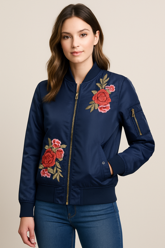 Jacket, Bomber Navy, Floral Patches