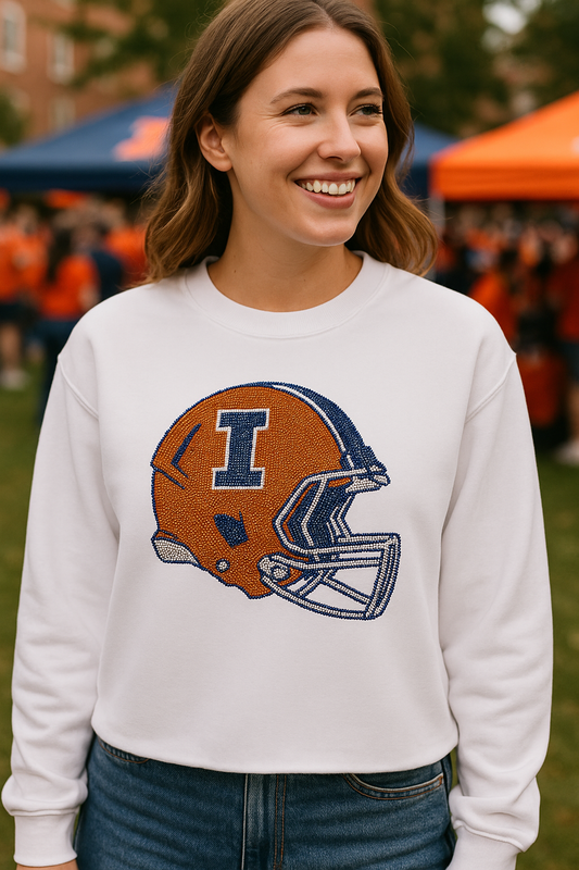 Licensed Game Day Sweatshirt, Crewneck White, University of Illinois Helmet