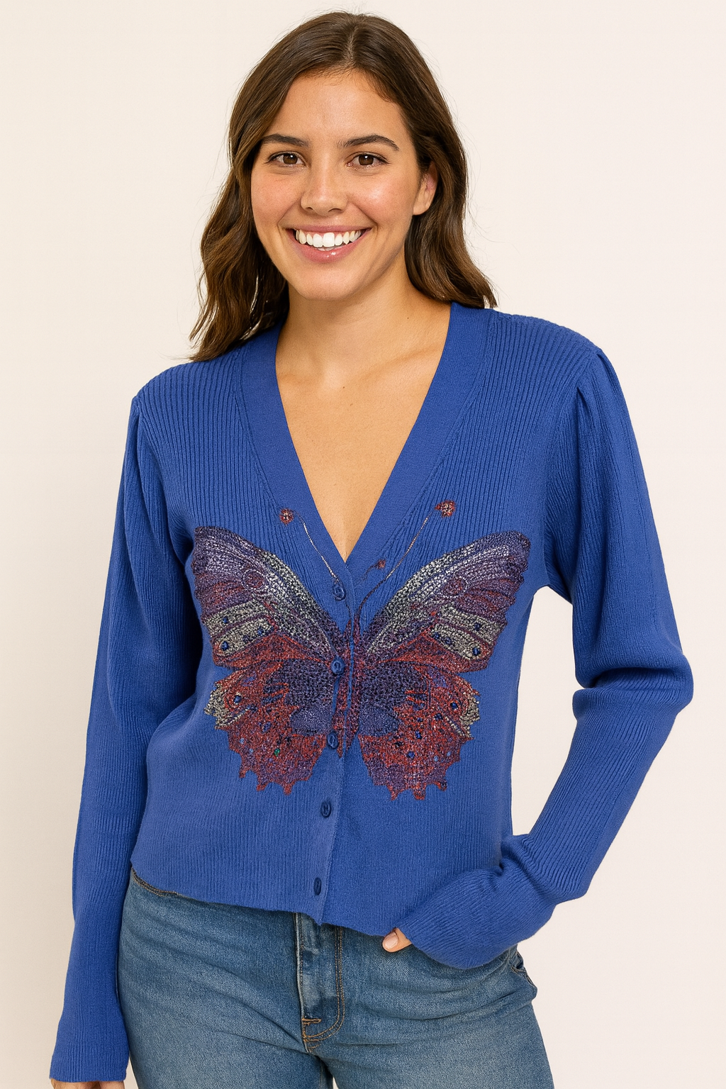 Sweater, Cardigan Puff Shoulder Blue, Butterfly