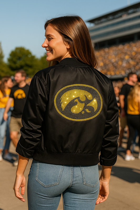 Licensed Game Day Jacket, Black Bomber, Univ of Iowa Oval Tigerhawk