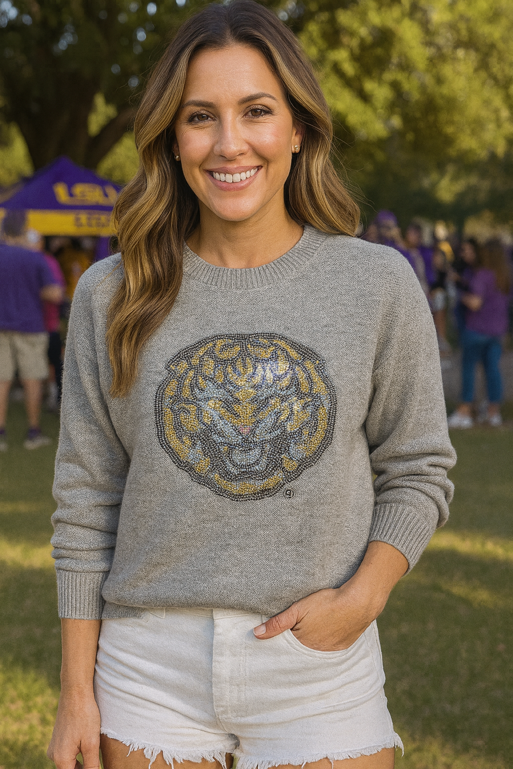 Licensed Game Day Sweater, Gray, LSU Tiger Face