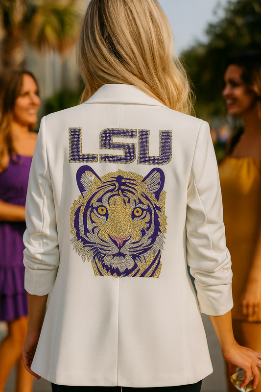 Licensed Game Day, White Blazer, Crystal LSU Purple Tiger