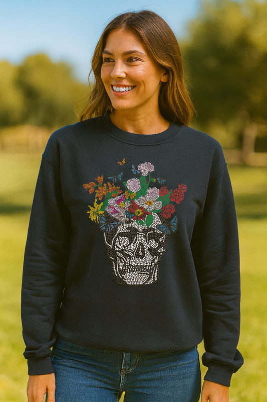 Sweatshirt, Crewneck Black, Skull Flowers