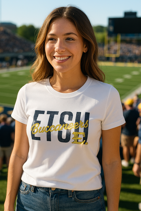 Licensed Game Day T-Shirt, Crewneck White, East Tennessee State ETSU Buccaneers