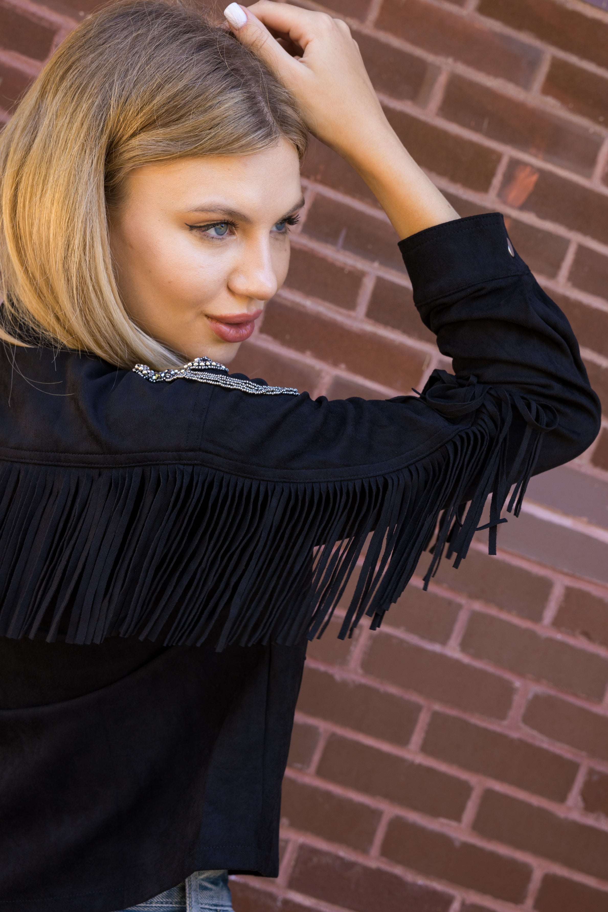 Jacket, Suede Fringe Black, Shoulder Medallions
