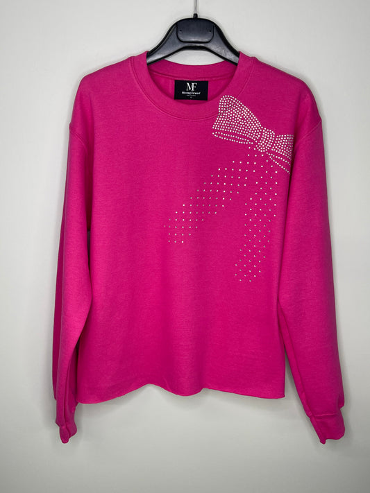 Sweatshirt, Crewneck Pink, Silver Crystal Bow