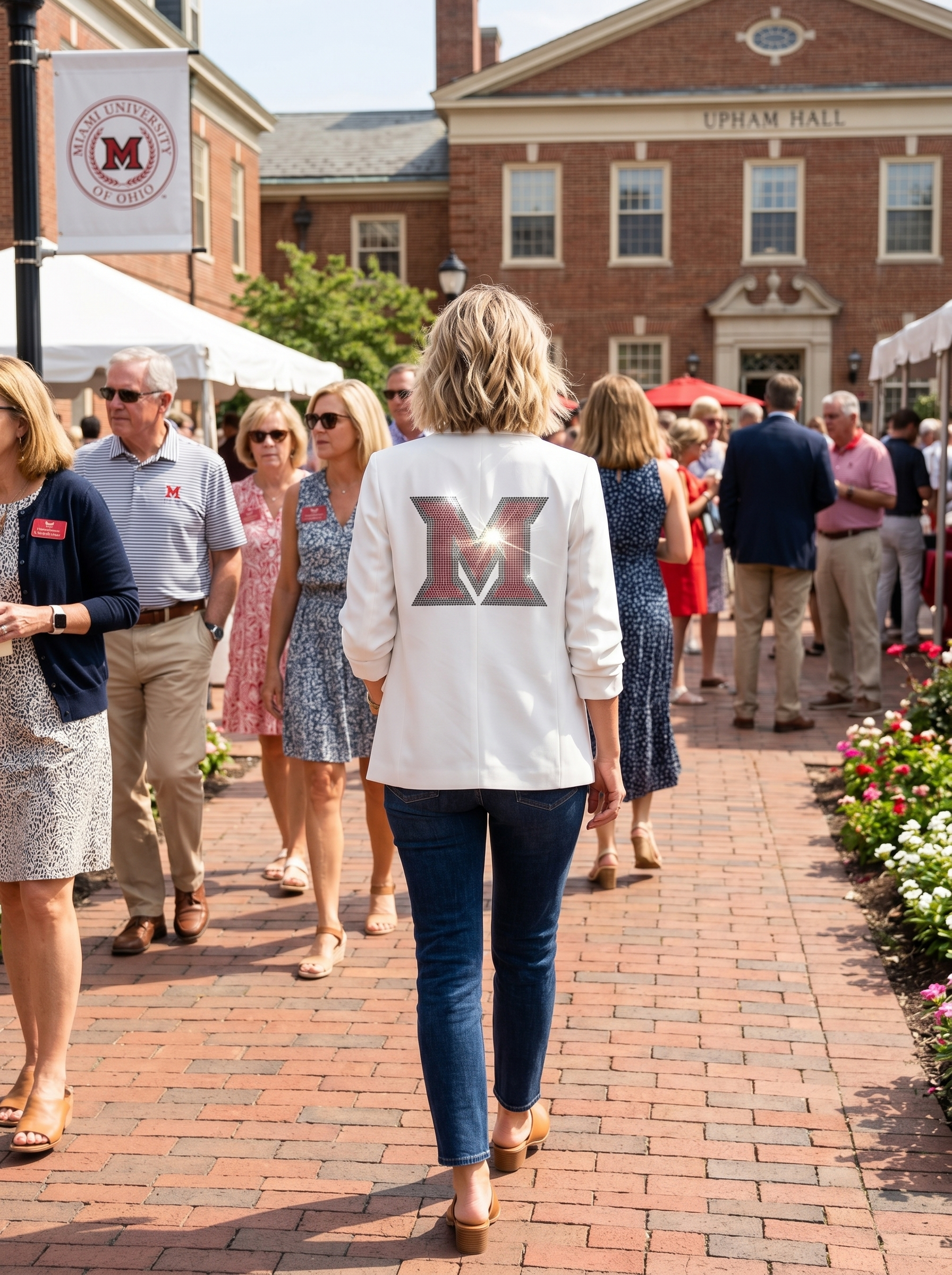 Miami of Ohio Beveled-M White Ruched Sleeve Blazer