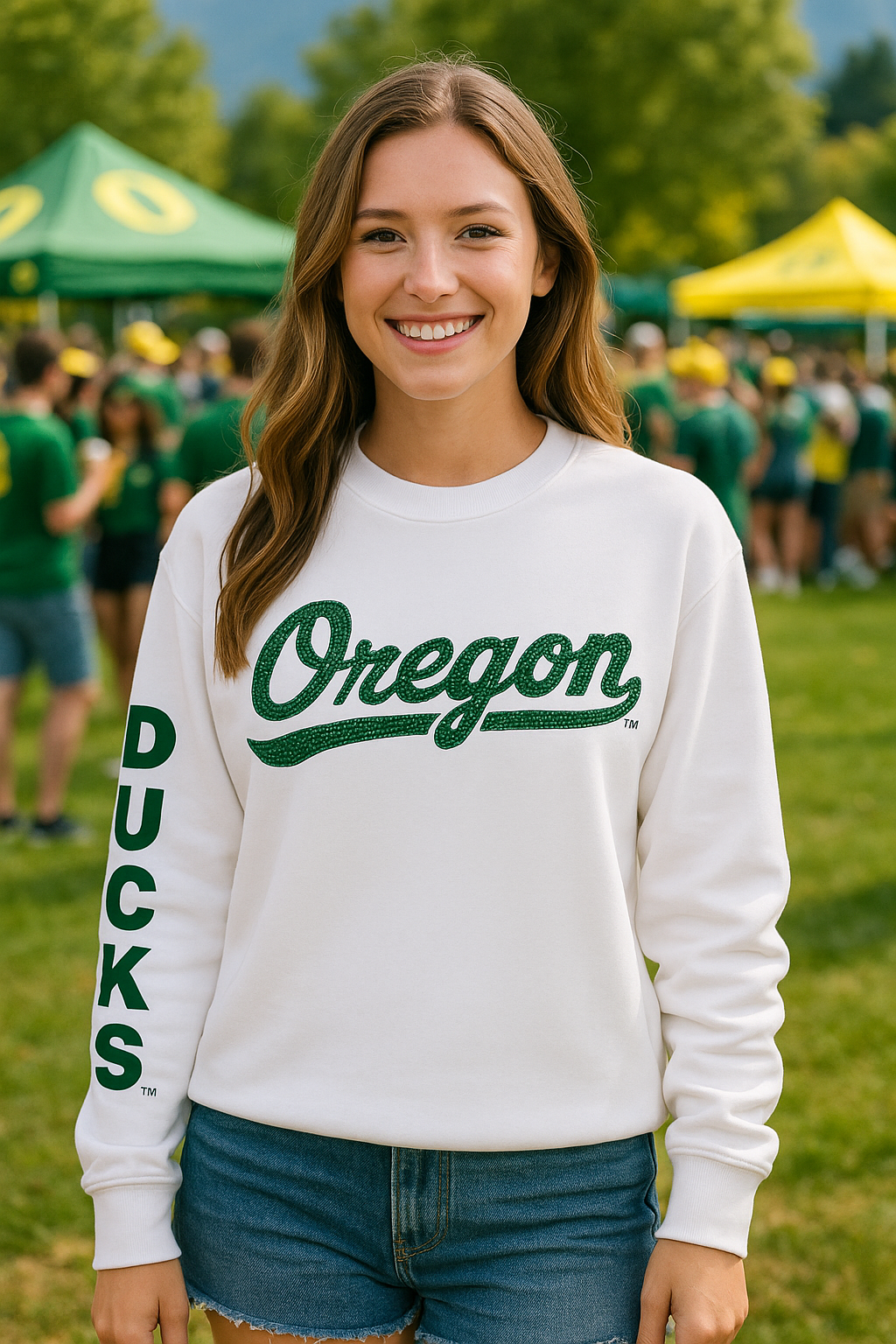 Licensed Game Day Sweatshirt, Crewneck White, University Of Oregon Script Ducks