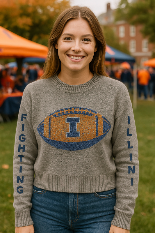 Licensed Game Day Sweater, Crewneck Gray, Univ of Illinois Fighting Illini Football