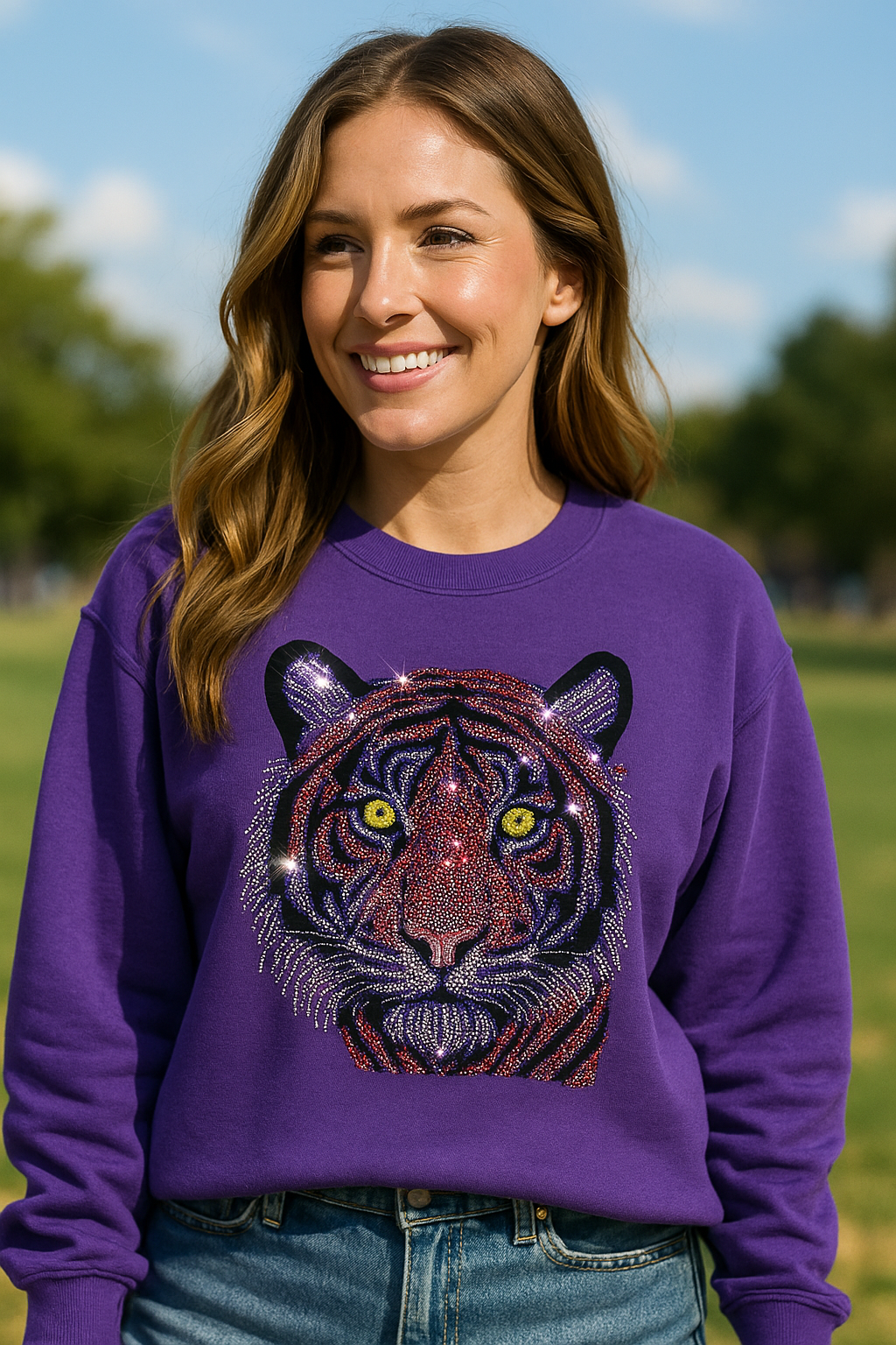 Sweatshirt, Crewneck Purple, Tiger Face
