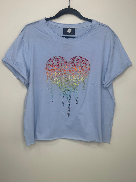 SMALL or LARGE T-Shirt, Raw Edge Blue, Rainbow Dripping Heart