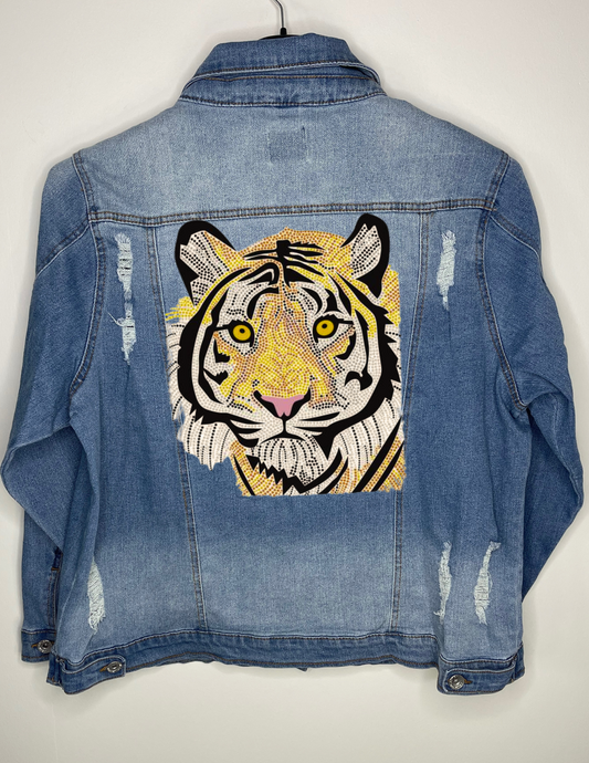 Jacket, Denim Extended Size, Stretchy Distressed, Tiger Face