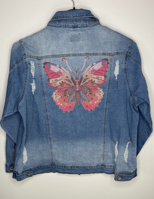 Jacket, Denim Extended Size, Stretchy Distressed, Butterfly