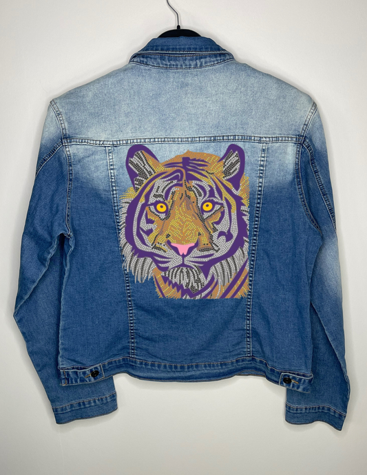 Jacket, Denim Extended Size, Stretchy Faded, Purple Tiger Face
