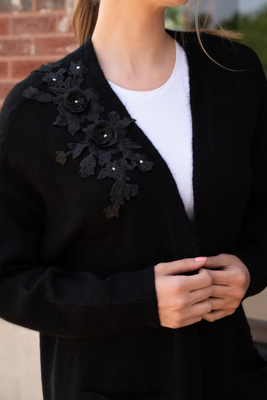 Sweater, Cardigan Oversized Black, Floral Lace