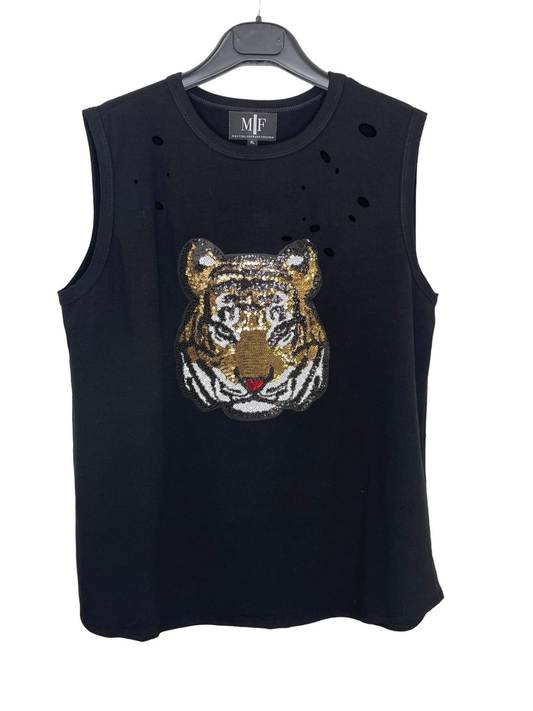 Game Day Tank, Distressed Muscle Black, Sequin Tiger Face