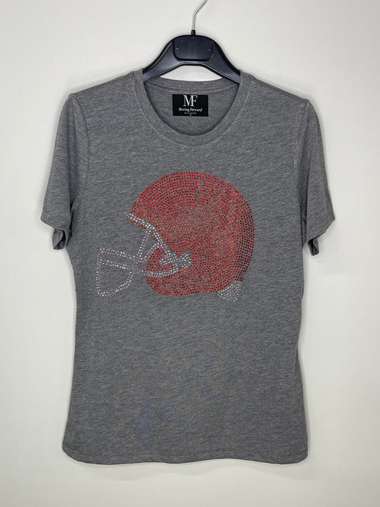 Game Day T-Shirt, Short Sleeve Gray, Red Crystal Football Helmet