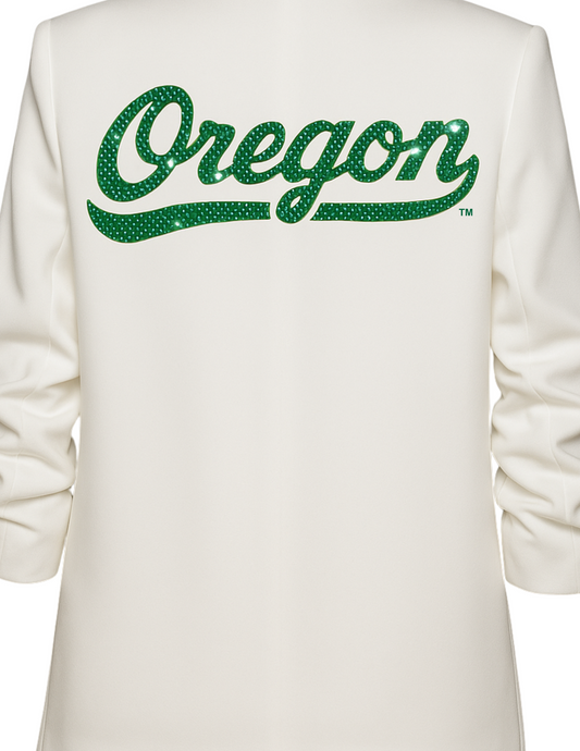 Licensed Game Day Blazer, White Ruched, University Of Oregon Script