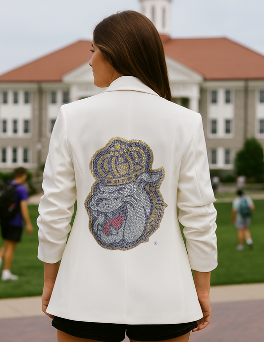 Licensed Game Day Blazer, White Ruched, Crystal JMU Dog