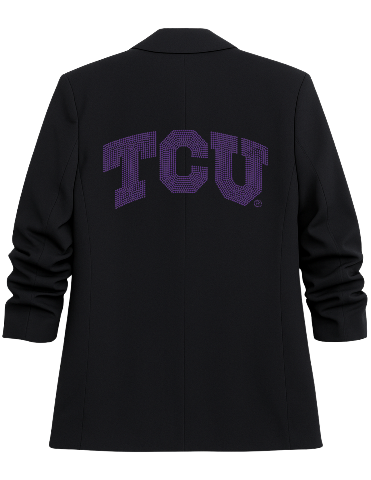 TCU Crystal Block Letters Black Ruched Sleeve Blazer
