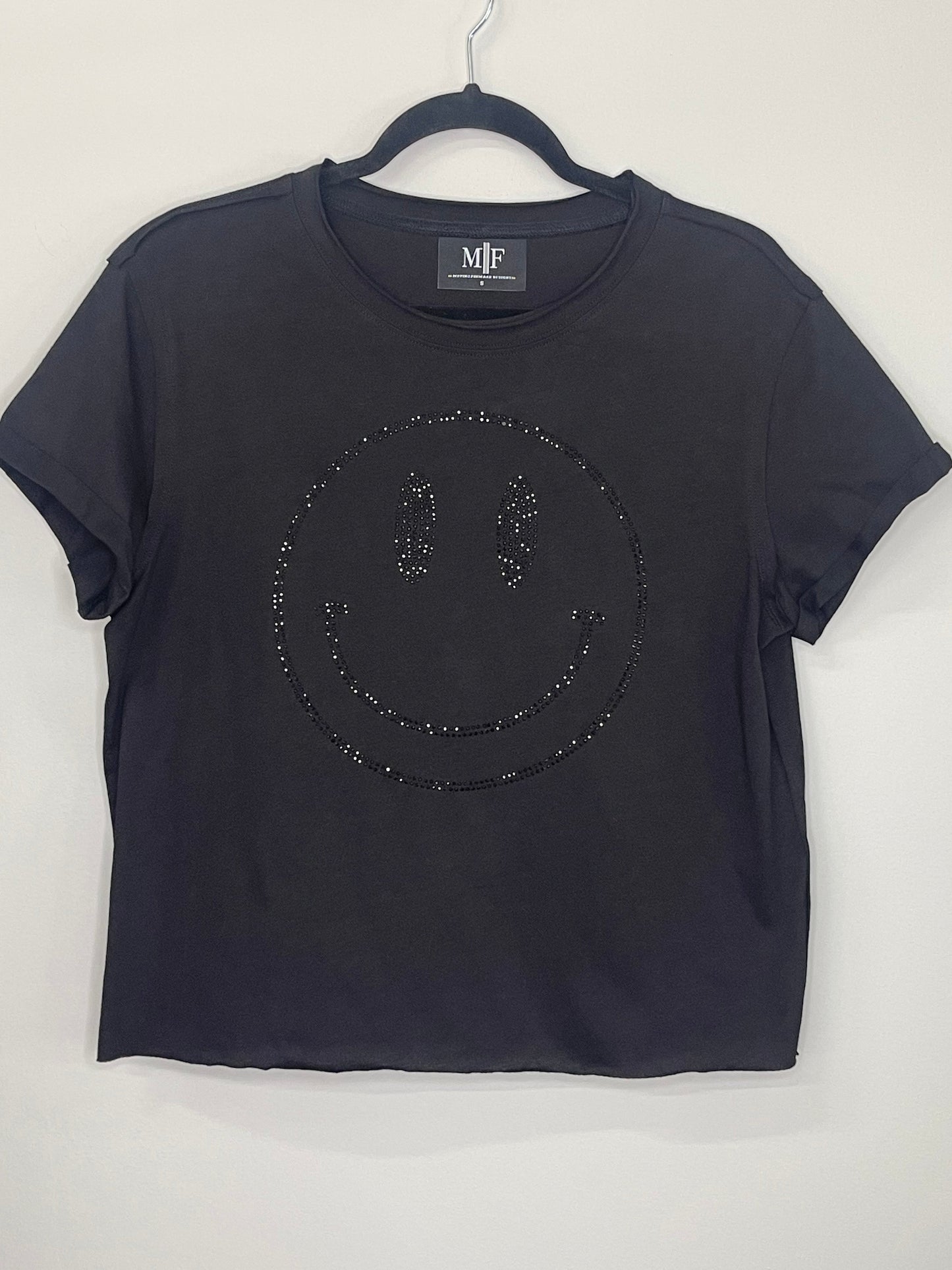 T-Shirt, Raw Edge Black, Black Crystal Smiley