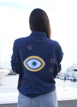 Shirt, Embroidered Star Navy, Evil Eye Blue/Yellow
