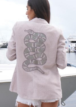 SMALL, MEDIUM & LARGE Tan Seersucker Blazer with Green Snake