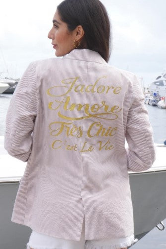 SMALL Tan Seersucker Blazer with Gold Sparkle French Words