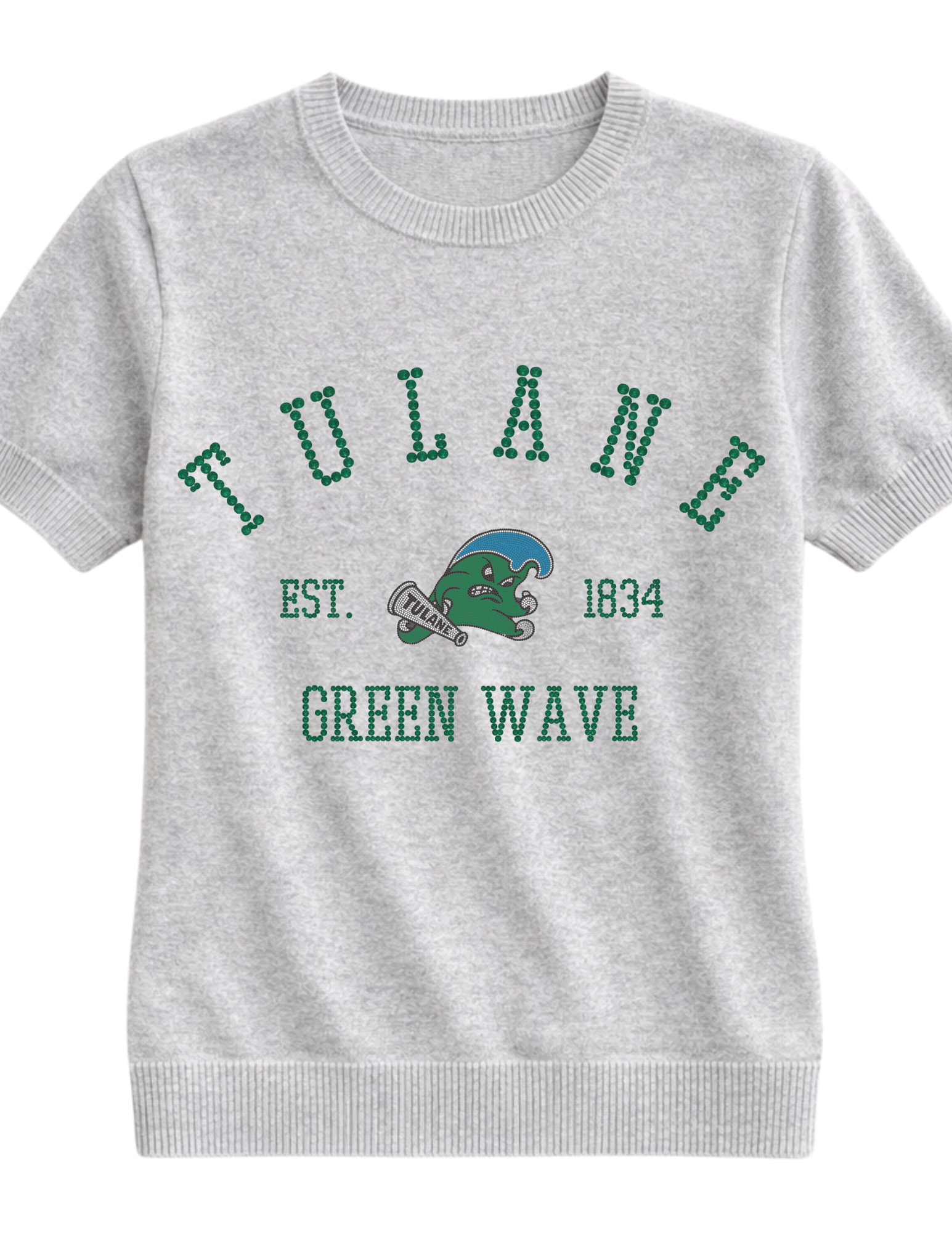 Tulane Vintage Green Wave EST 1834 Grey Crewneck Short Sleeve Sweater