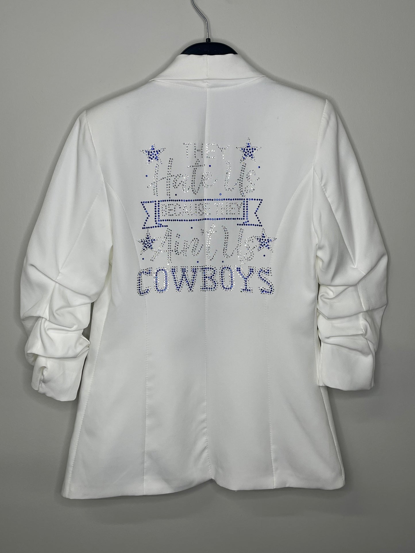 Game Day, Blazer, Ruched White, Crystal Ain't Us Cowboys w/ Crystal Pockets