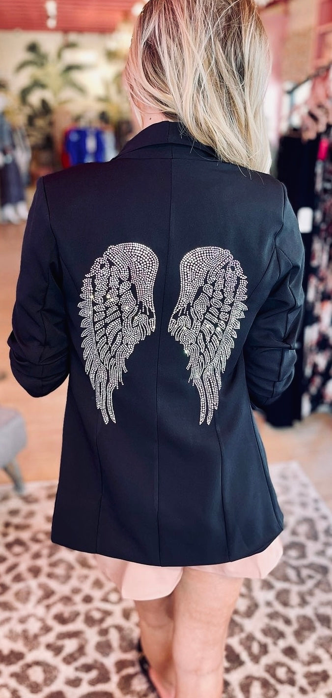 Blazer, Ruched Black, Crystal Silver Angel Wings