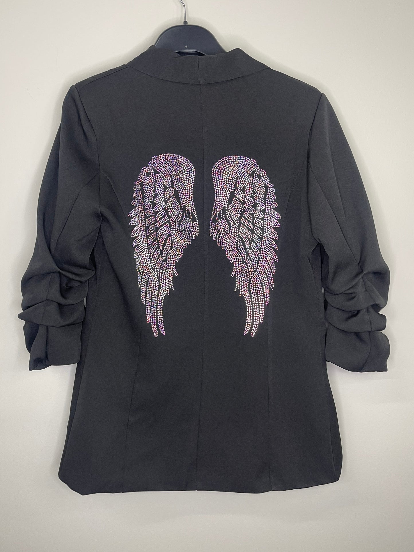Blazer, Ruched Black, Crystal Silver Angel Wings