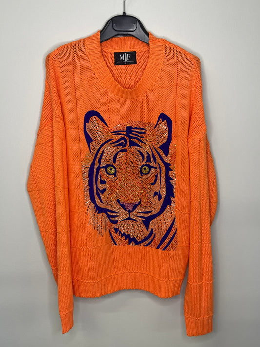 Orange Diamond Stitch Sweater with Purple Tiger Face