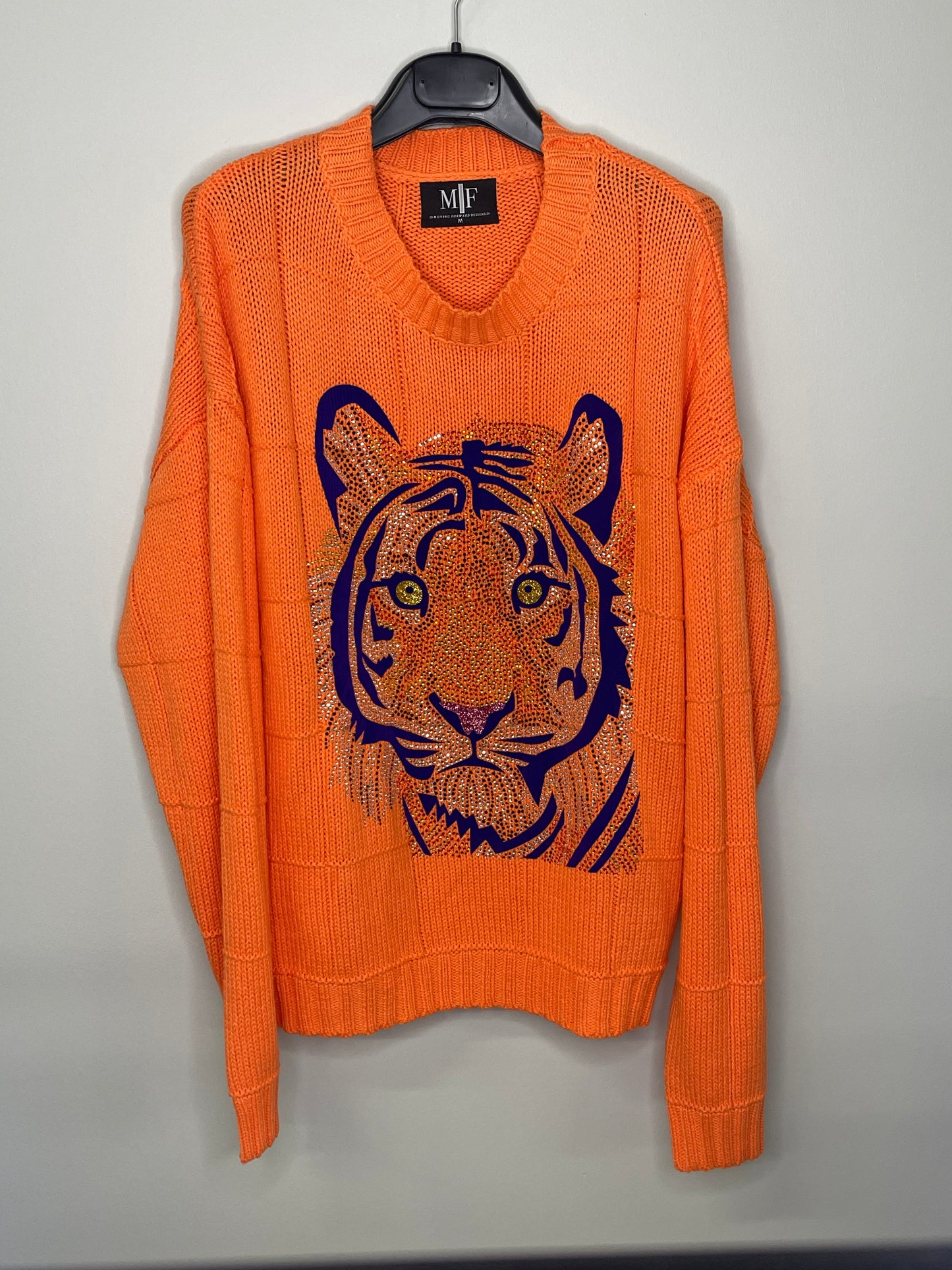 Sweater, Diamond Stitch Orange, Purple Tiger Face