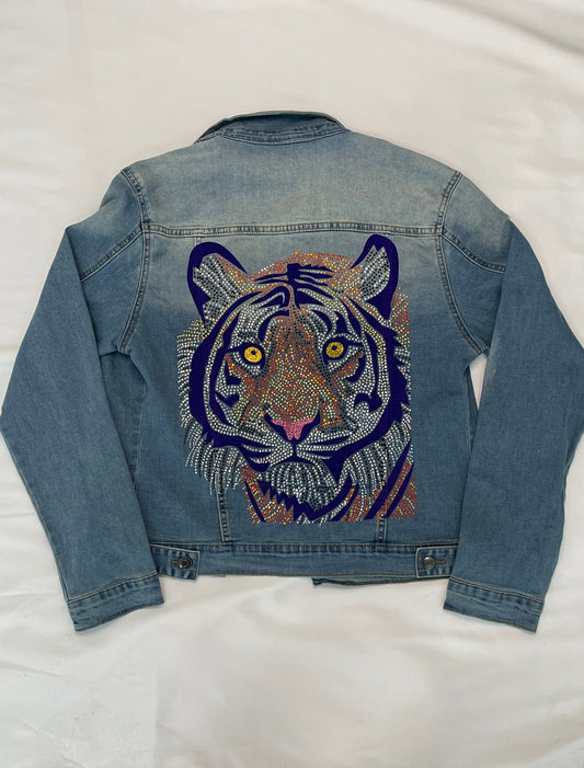 Game Day Jacket, Denim Medium Wash, Purple Tiger Face