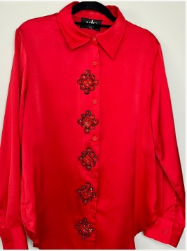 Jewel Medallion Silky Red Button Down Shirt