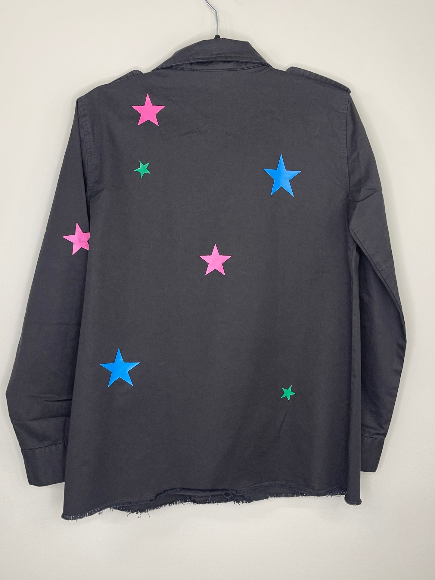LARGE, or XX-LARGE Shacket, Army Black, Multicolored Stars