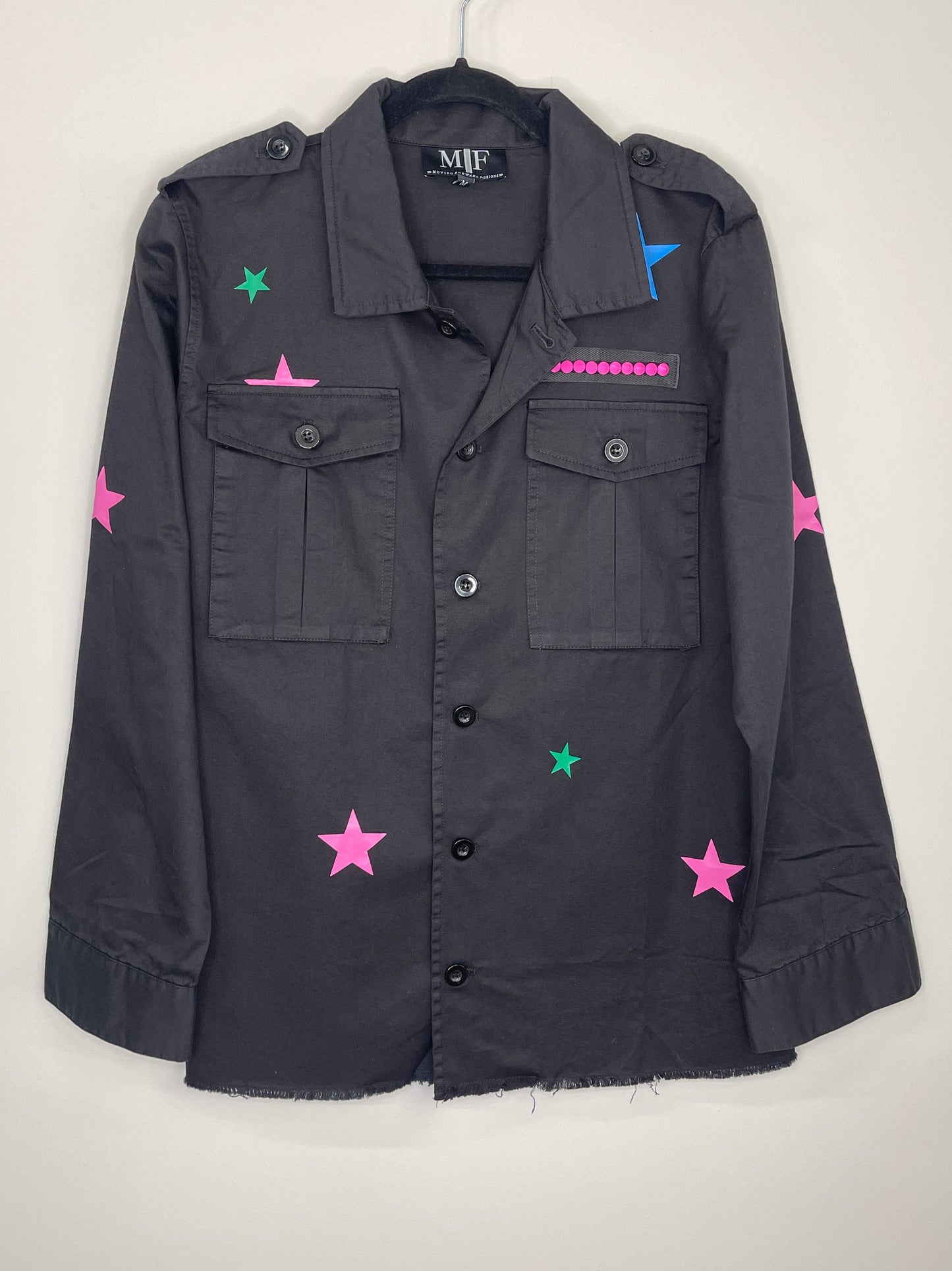 LARGE, or XX-LARGE Shacket, Army Black, Multicolored Stars