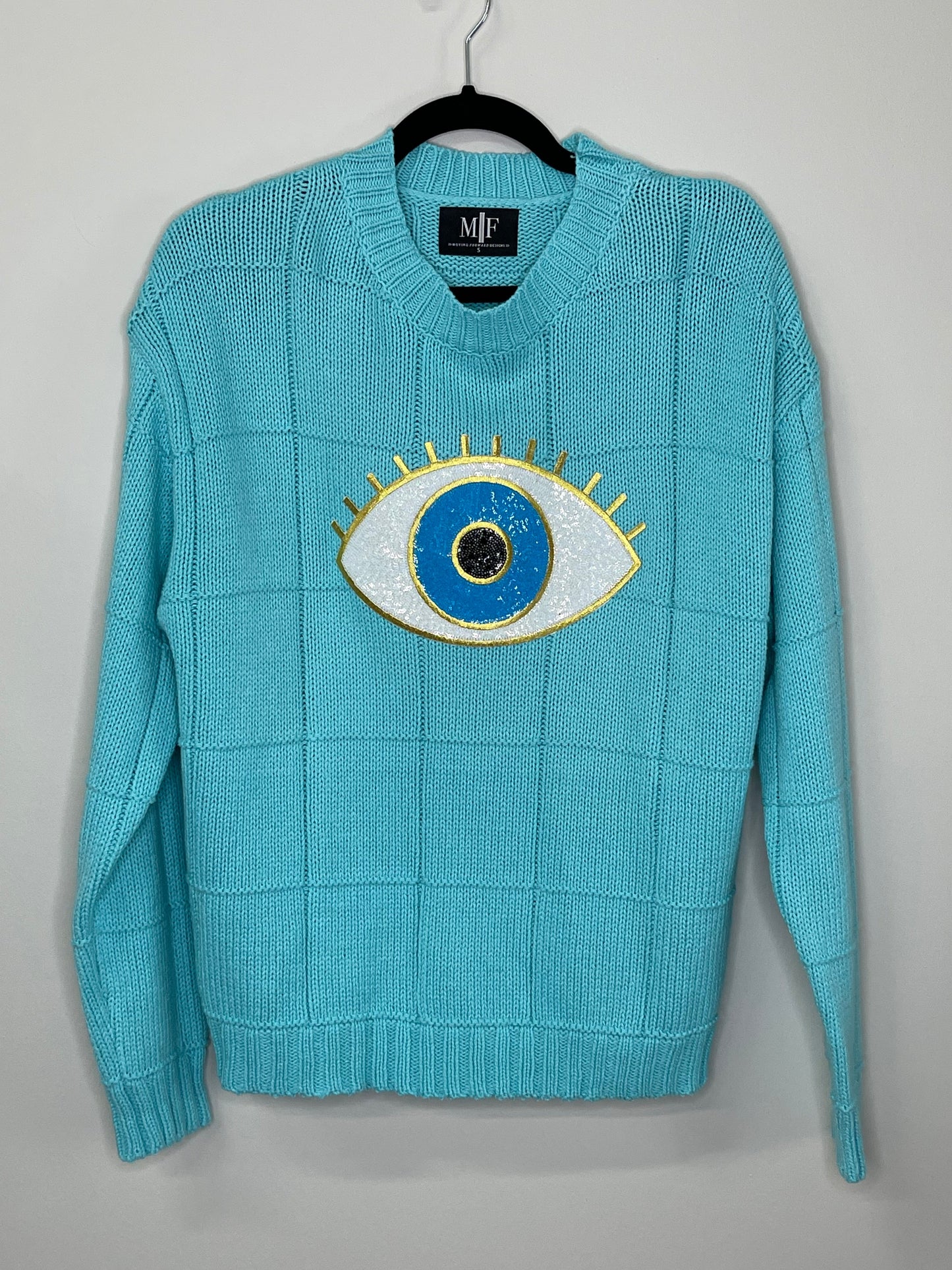 Sweater, Diamond Stitch Turquoise, Sequin Eye