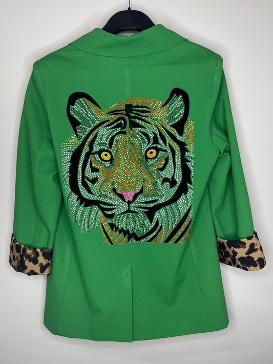 Green Leopard Lined Blazer with Tiger Face