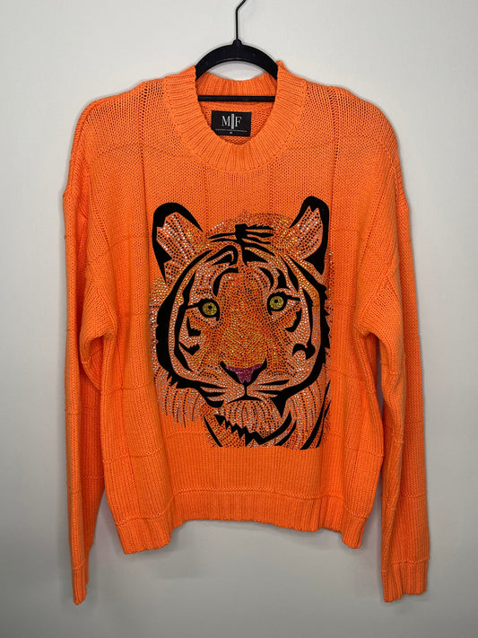 Sweater, Orange Diamond Stitch, Tiger Face