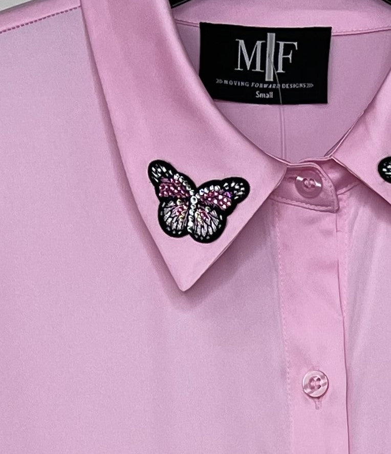 Shirt, Silky Light Pink, Sparkle Butterflies Collar/Cuffs