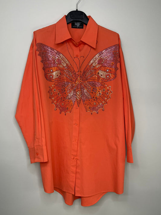 Shirt, Orange Button Down, Butterfly on front