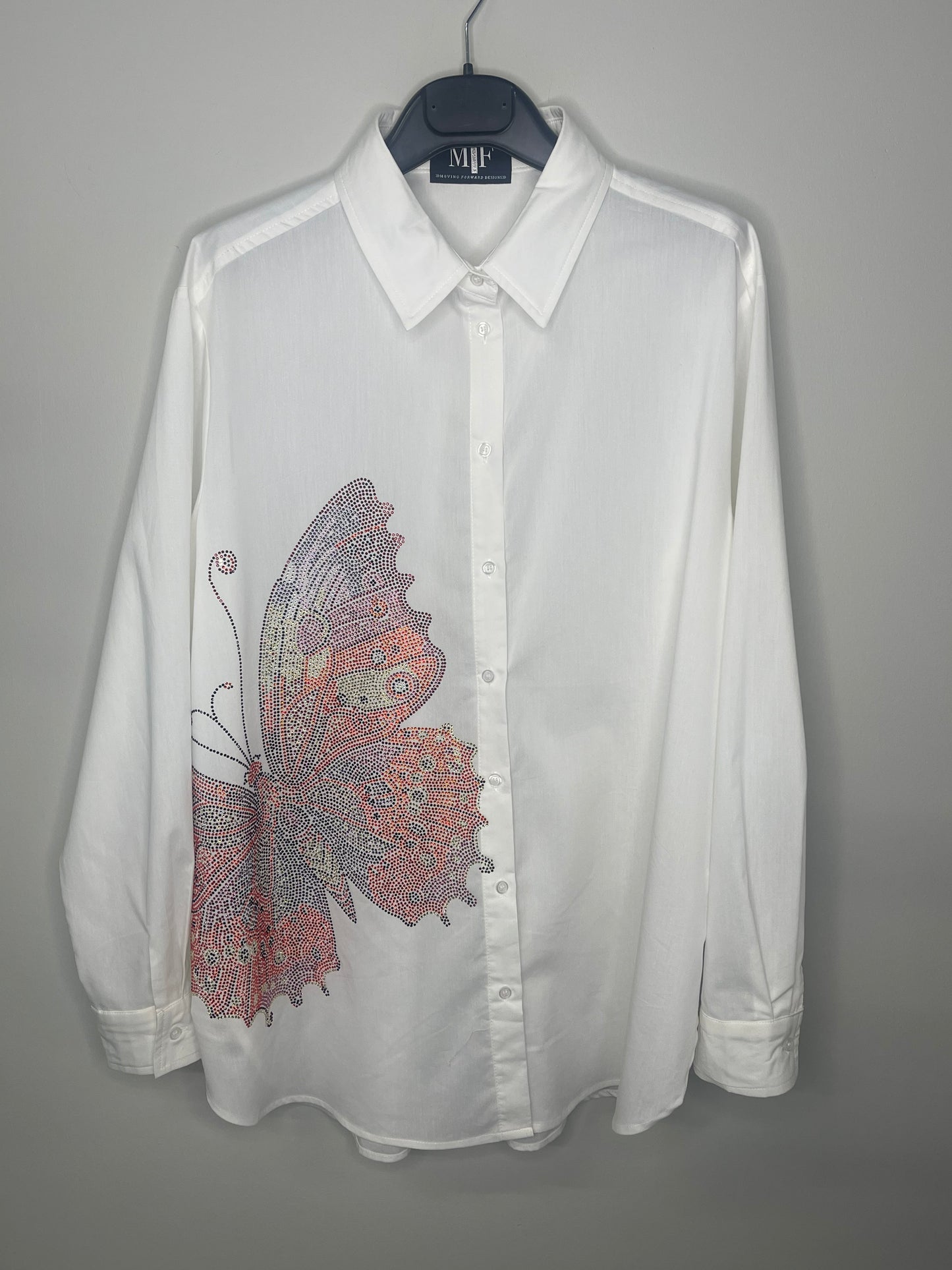 Shirt, Button Down White, Butterfly