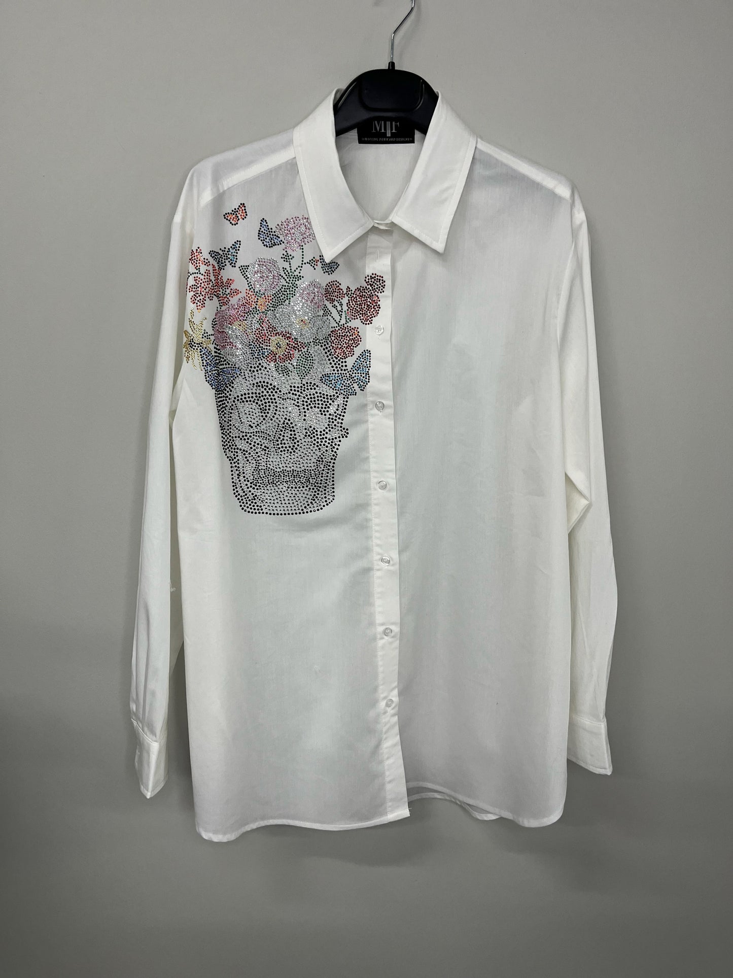 Shirt, Button Down White, Shoulder Skull Flowers
