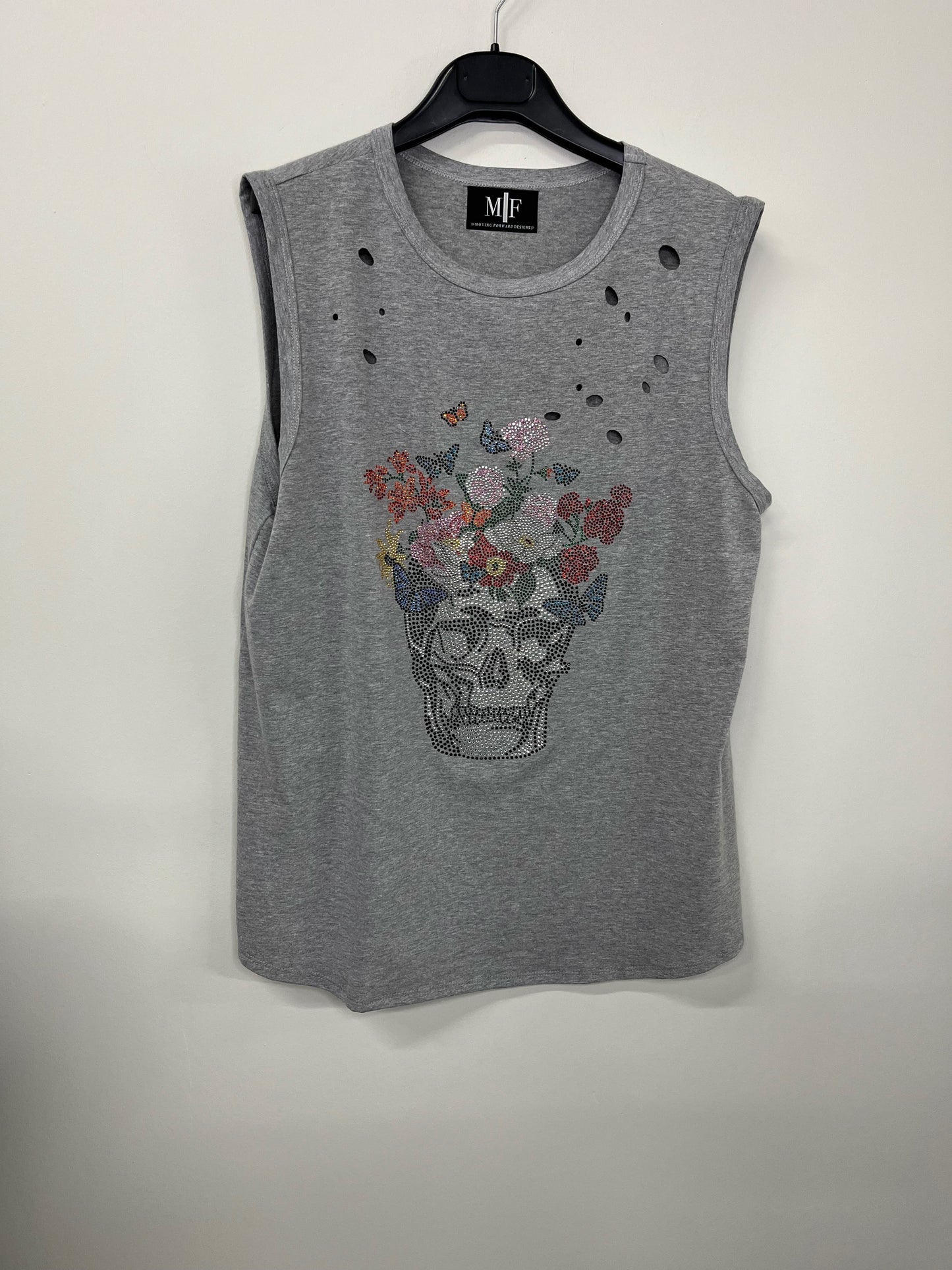 Tank, Muscle Distressed Gray, Skull Flowers