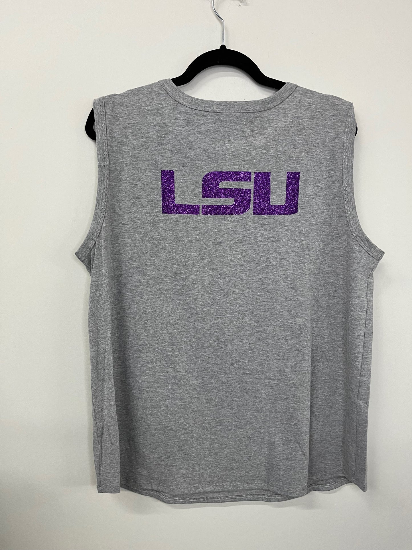 Tank, Muscle Distressed Gray, Purple Tiger Face & LSU on back
